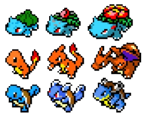 Pokemon Kanto Region Starters Bulbasaur, Charmander, Squirtle and their evolutions with pixel art style